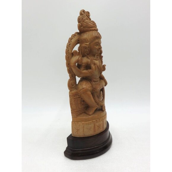 Hand-Carved Wooden Indian Statue With Intricate Detailing and Dark Base 9" Tall - Picture 3 of 11